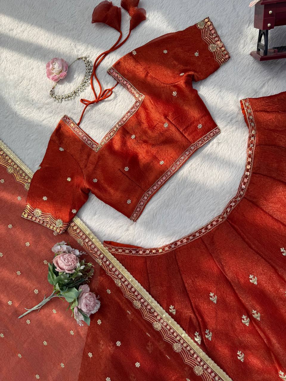 Wedding Wear Dark Orange Color Sequence With Thread Work Lehenga Choli