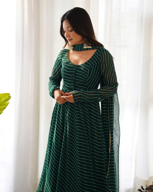 Stylish Green Color Laheriya Printed Anarkali Suit