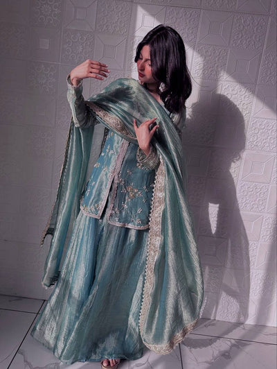 Sky Blue Color Fandy Silk With Embroidery Sequence Work Sharara Suit