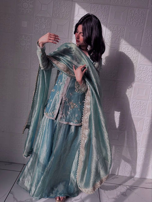 Sky Blue Color Fandy Silk With Embroidery Sequence Work Sharara Suit