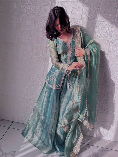 Sky Blue Color Fandy Silk With Embroidery Sequence Work Sharara Suit
