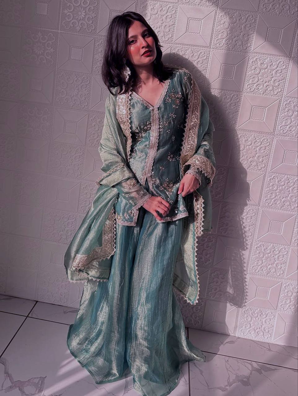 Sky Blue Color Fandy Silk With Embroidery Sequence Work Sharara Suit