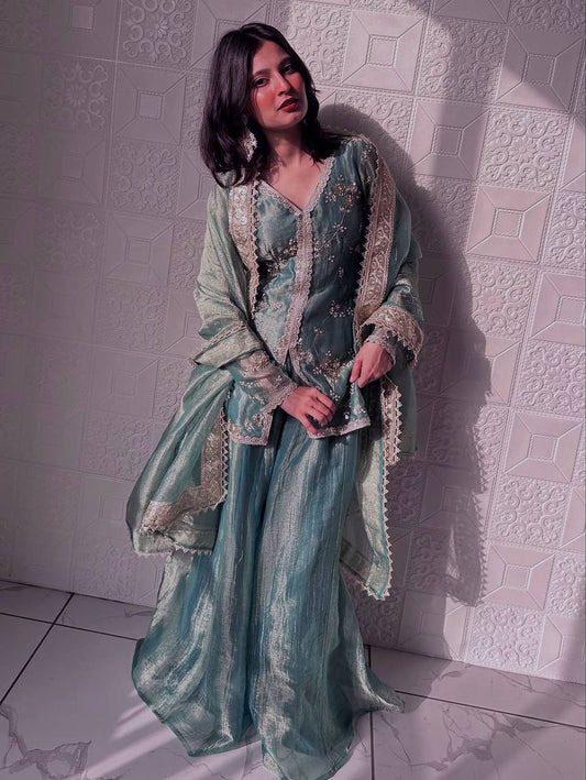 Sky Blue Color Fandy Silk With Embroidery Sequence Work Sharara Suit