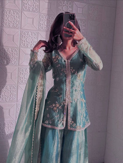 Sky Blue Color Fandy Silk With Embroidery Sequence Work Sharara Suit