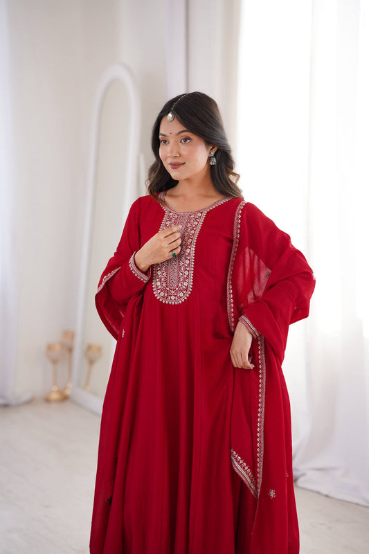 Beautiful Red Color Sequence Work Long Gown With Heavy Dupatta