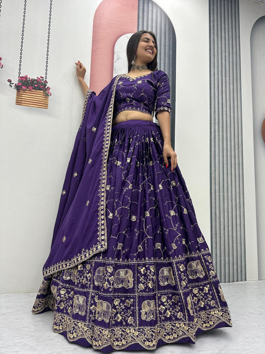 Purple Crepe Silk Embroidery And Sequence Work Lehenga Choli