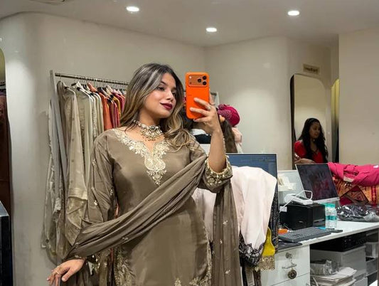 Taupe Brown Embroidery With Sequence Work Sharara Suit For Women