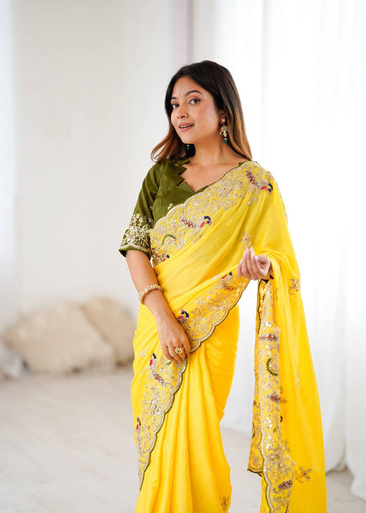 Yellow Color Chinon Silk With Embroidery With Thread Work Saree