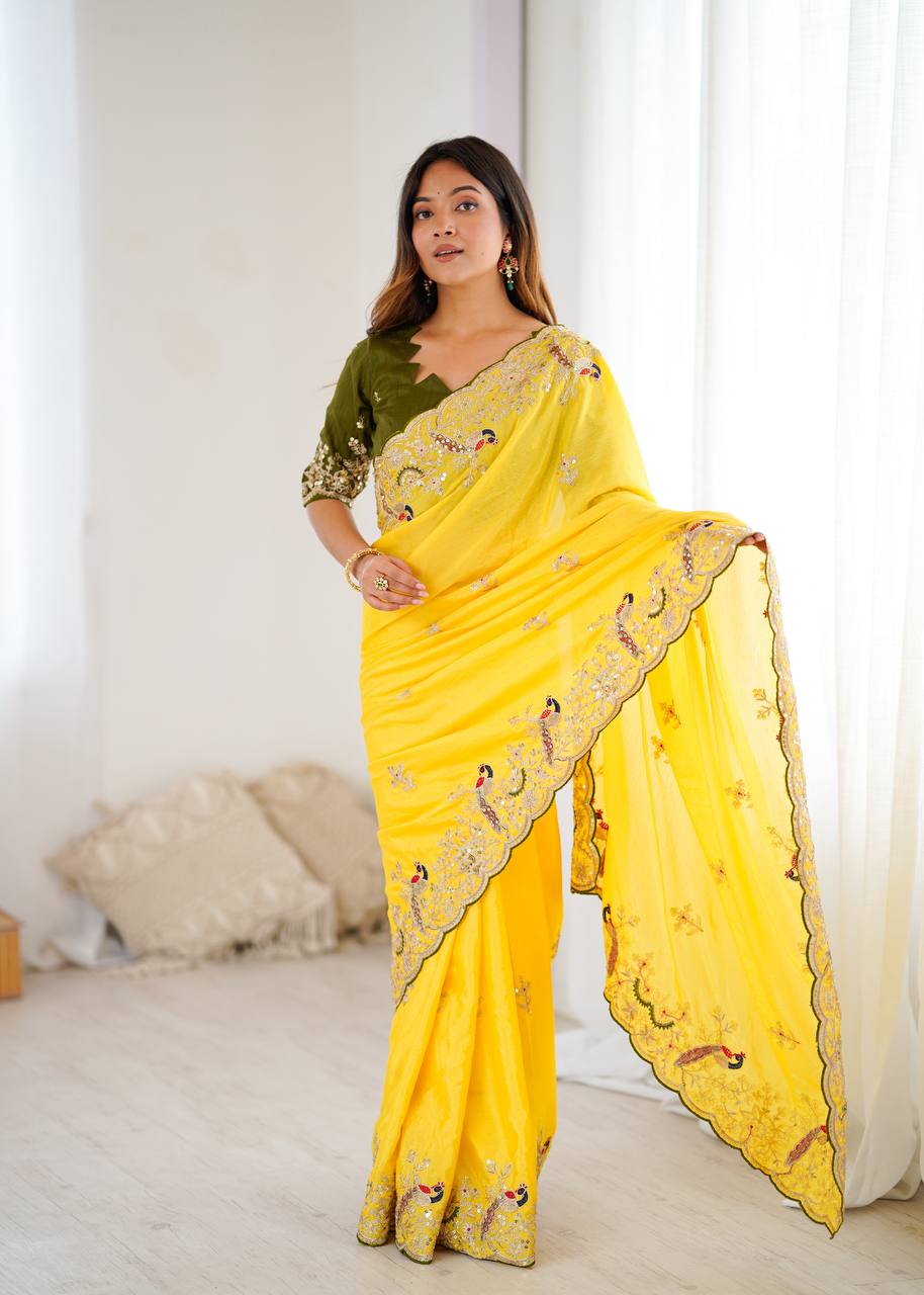 Yellow Color Chinon Silk With Embroidery With Thread Work Saree