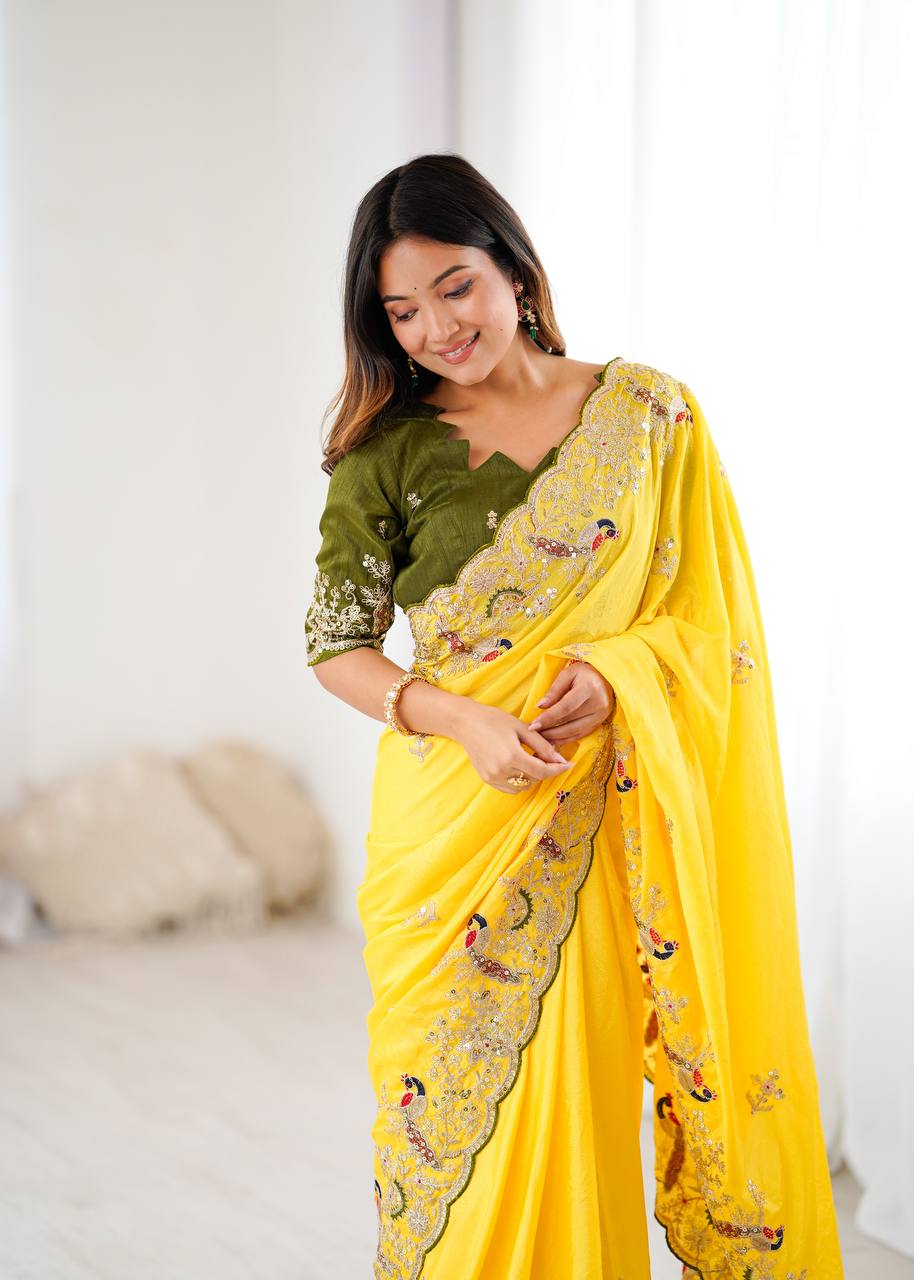 Yellow Color Chinon Silk With Embroidery With Thread Work Saree