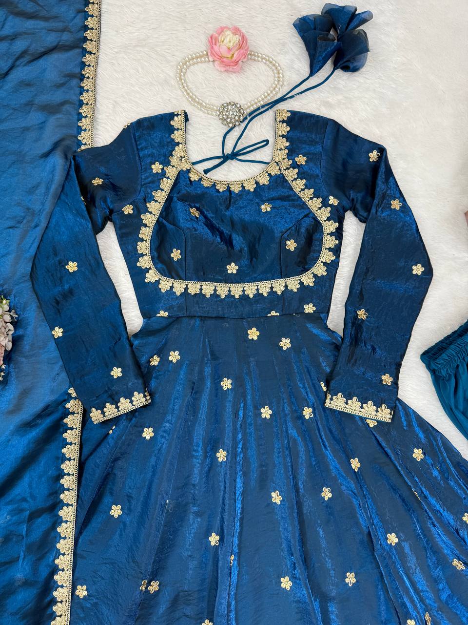 Blue Color Designer Sequence Work Long Gown With Dupatta