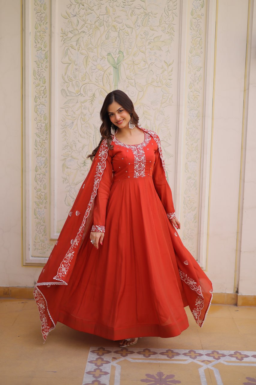 Orange Color Chanderi Silk With Embroidery Work Gown With Dupatta