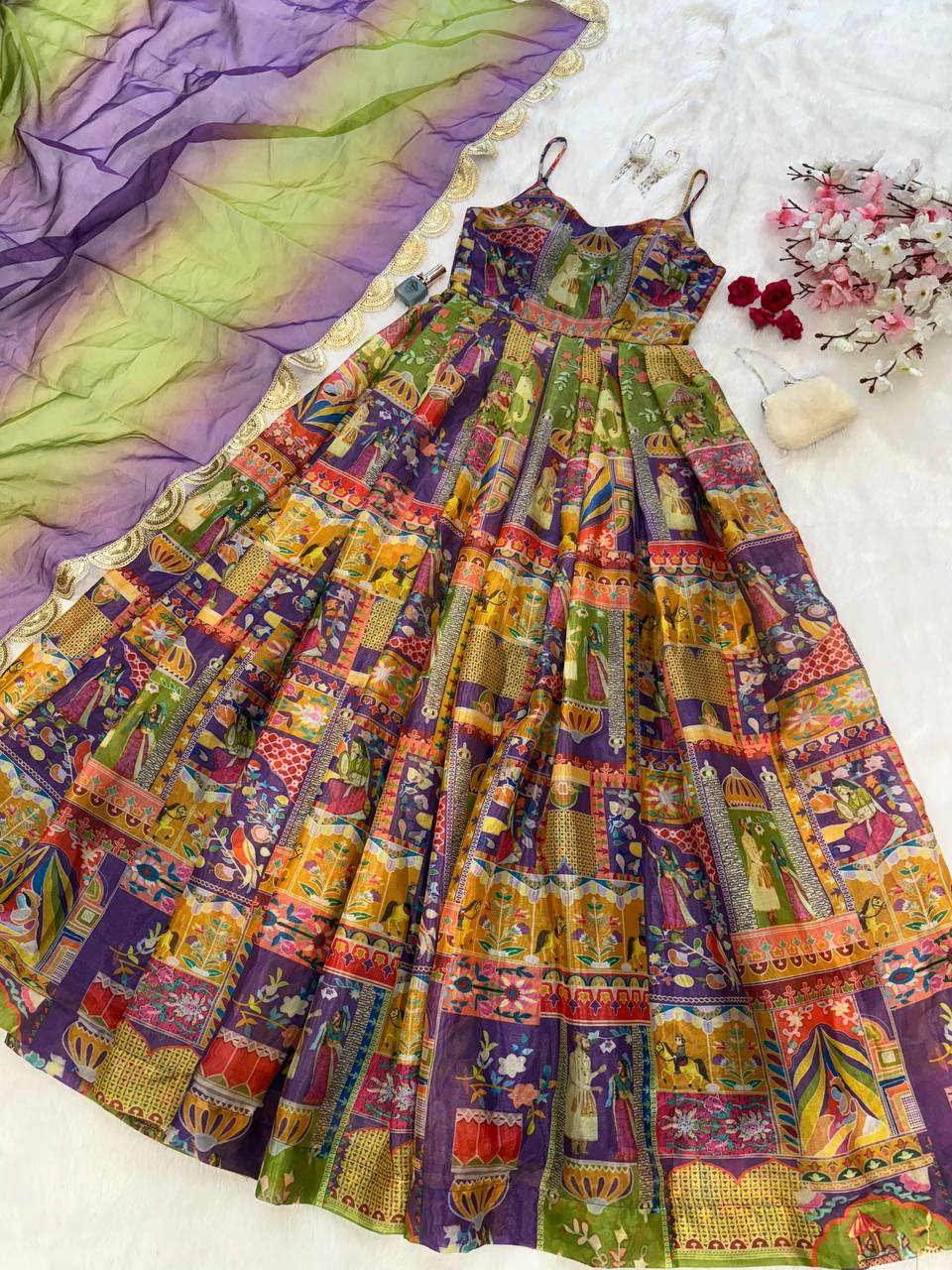 Purple Color Jimmy Chu Silk With Digital Printed Long Gown With Dupatta