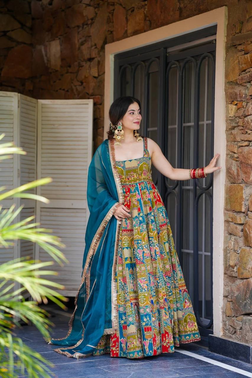 Sky blue Georgette Butter Silk With Hotfix Work Anarkali Suit