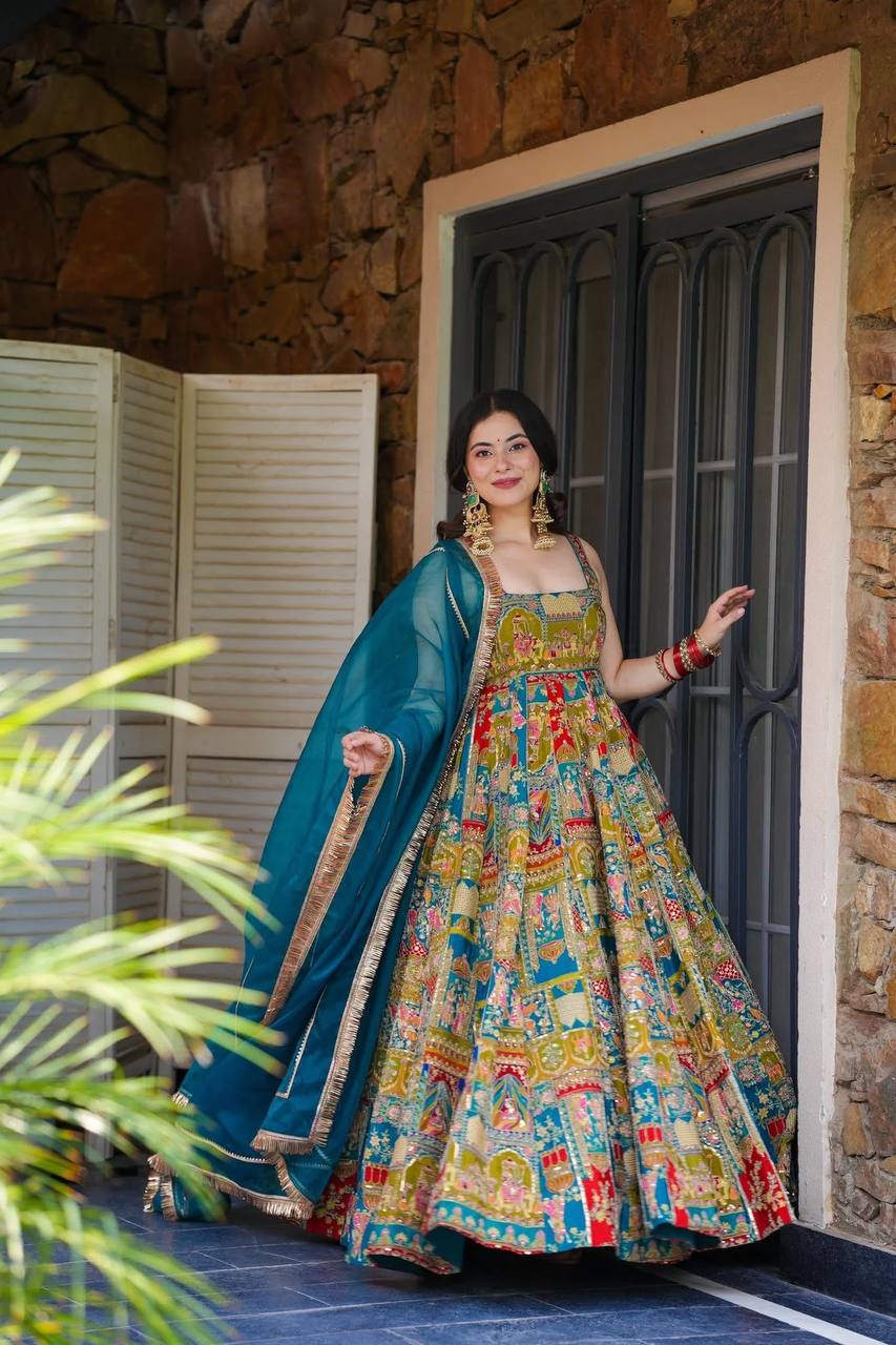 Sky blue Georgette Butter Silk With Hotfix Work Anarkali Suit