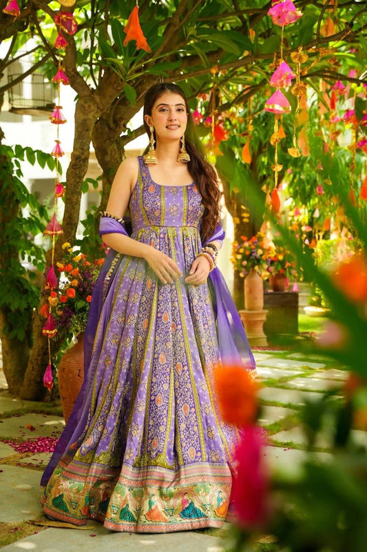 Purple Color Jimmy Chu Silk With Digital Printed Long Gown With Dupatta