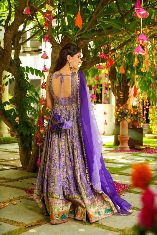 Purple Color Jimmy Chu Silk With Digital Printed Long Gown With Dupatta