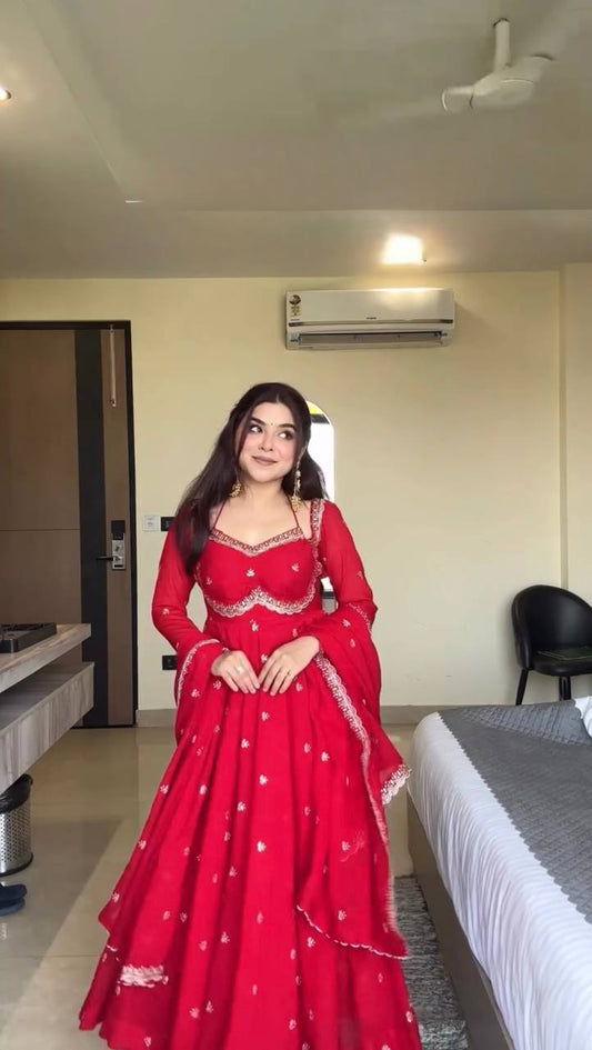 Beautiful Red Color Thread With Sequence Work Anarkali Suit