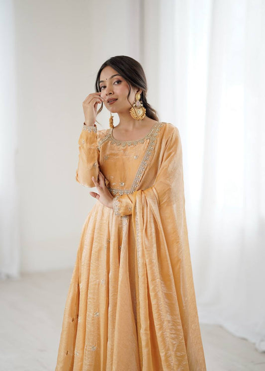 Peach Color Fandy Silk Wear Anarkali Suit With Dupatta