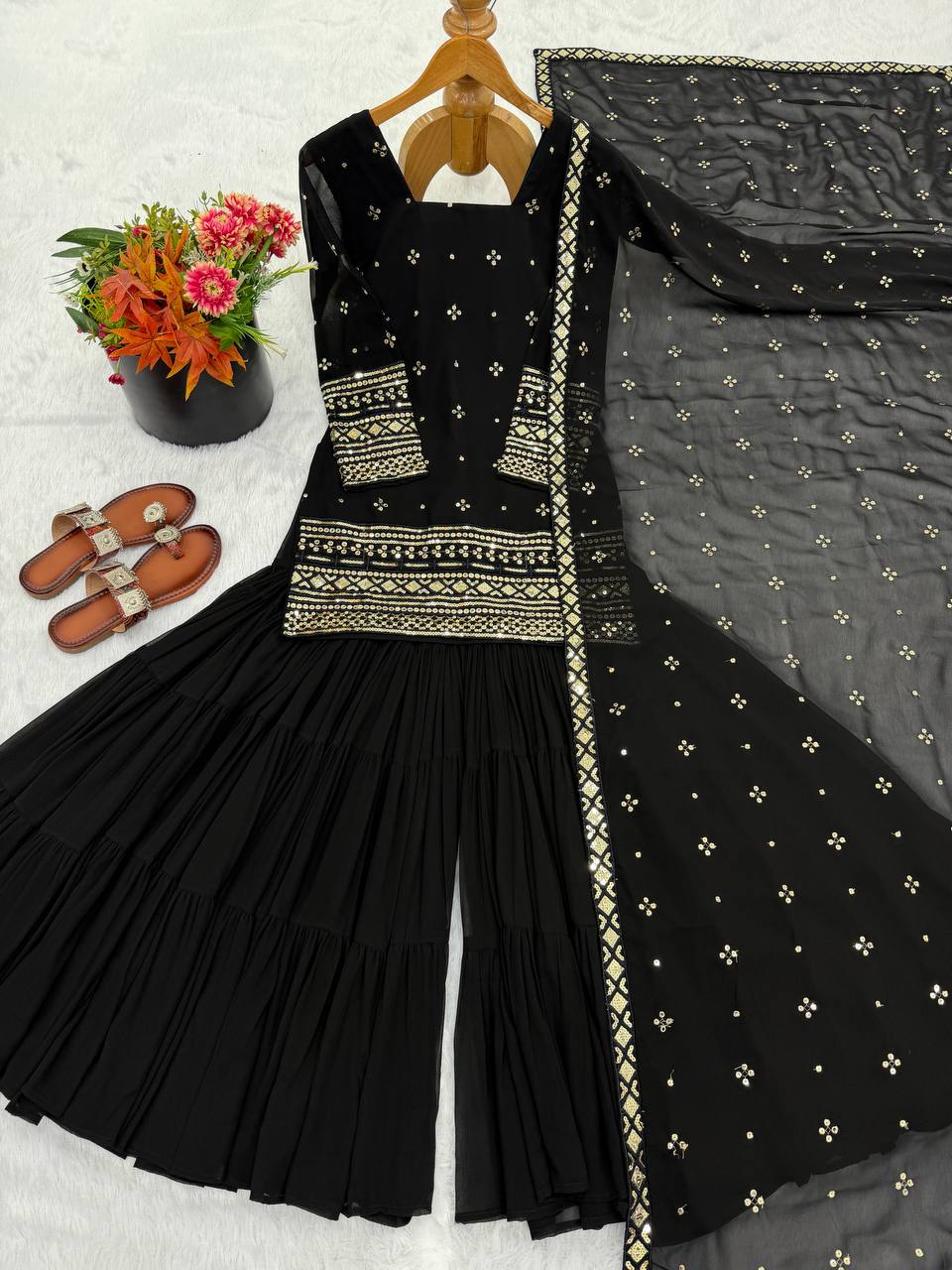 Classy Black Georgette With Embroidery And Sequence Work Sharara Suit