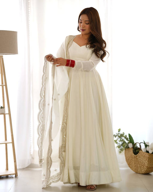 White Color Soft Georgette With Sequence Work Long Anarkali Gown