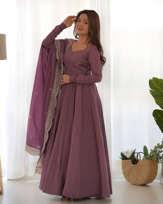 Purple Color Georgette With Embroidery Work Gown With Dupatta