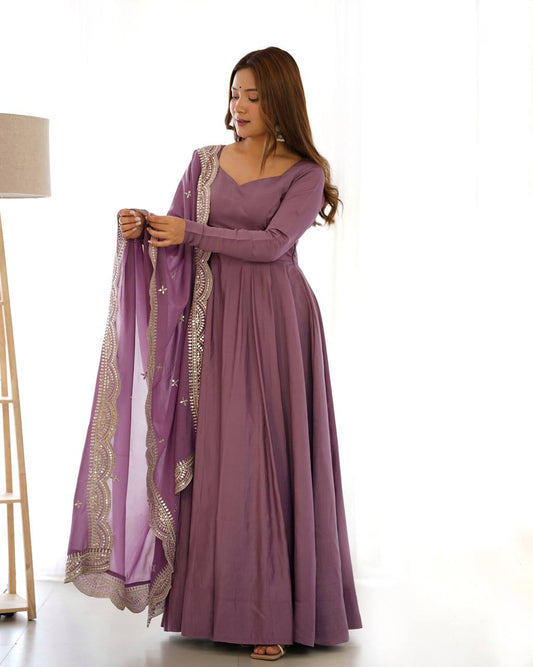 Purple Color Georgette With Embroidery Work Gown With Dupatta