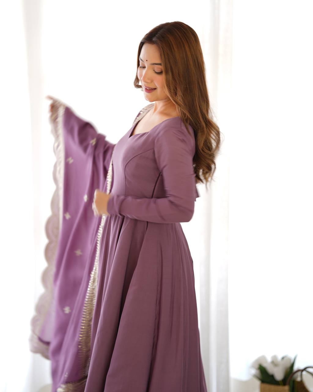 Purple Color Georgette With Embroidery Work Gown With Dupatta