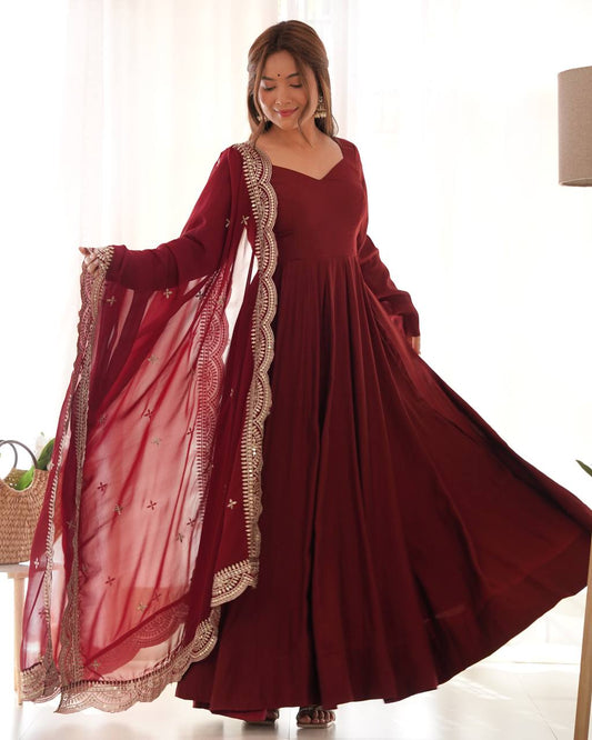 Maroon Color Georgette With Embroidery Work Anarkali Gown With Dupatta