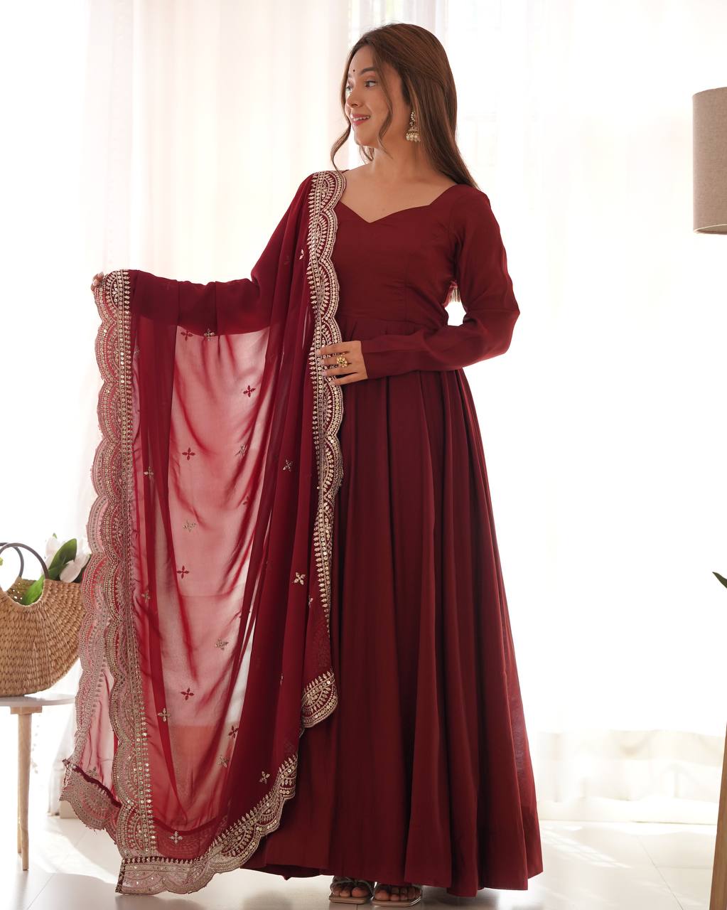 Maroon Color Georgette With Embroidery Work Anarkali Gown With Dupatta