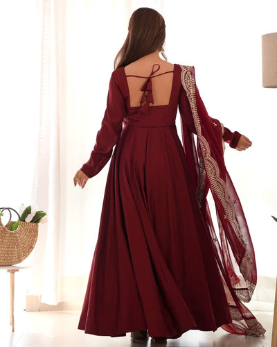 Maroon Color Georgette With Embroidery Work Anarkali Gown With Dupatta