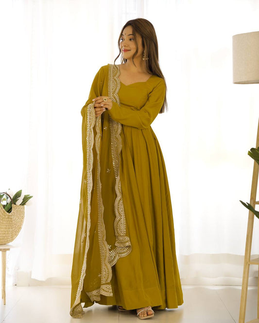Parrot Green Color Roman Silk Wear Three Piece Anarkali Gown