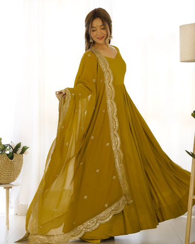 Parrot Green Color Roman Silk Wear Three Piece Anarkali Gown