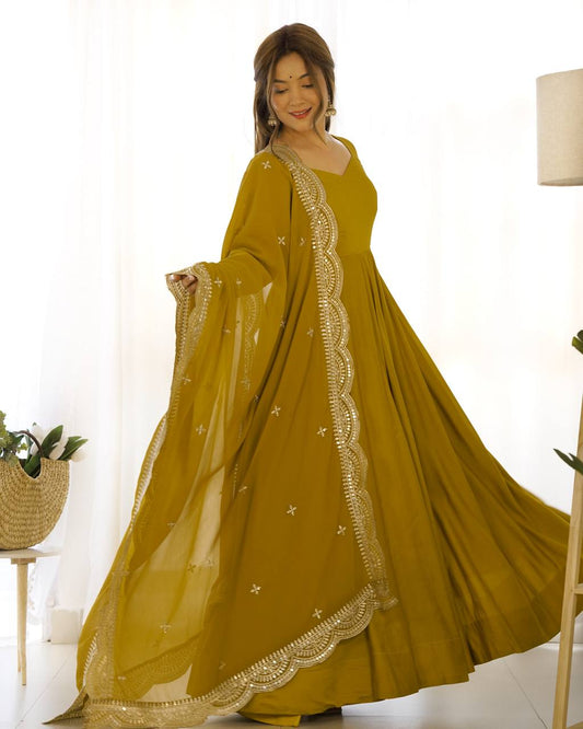 Parrot Green Color Roman Silk Wear Three Piece Anarkali Gown