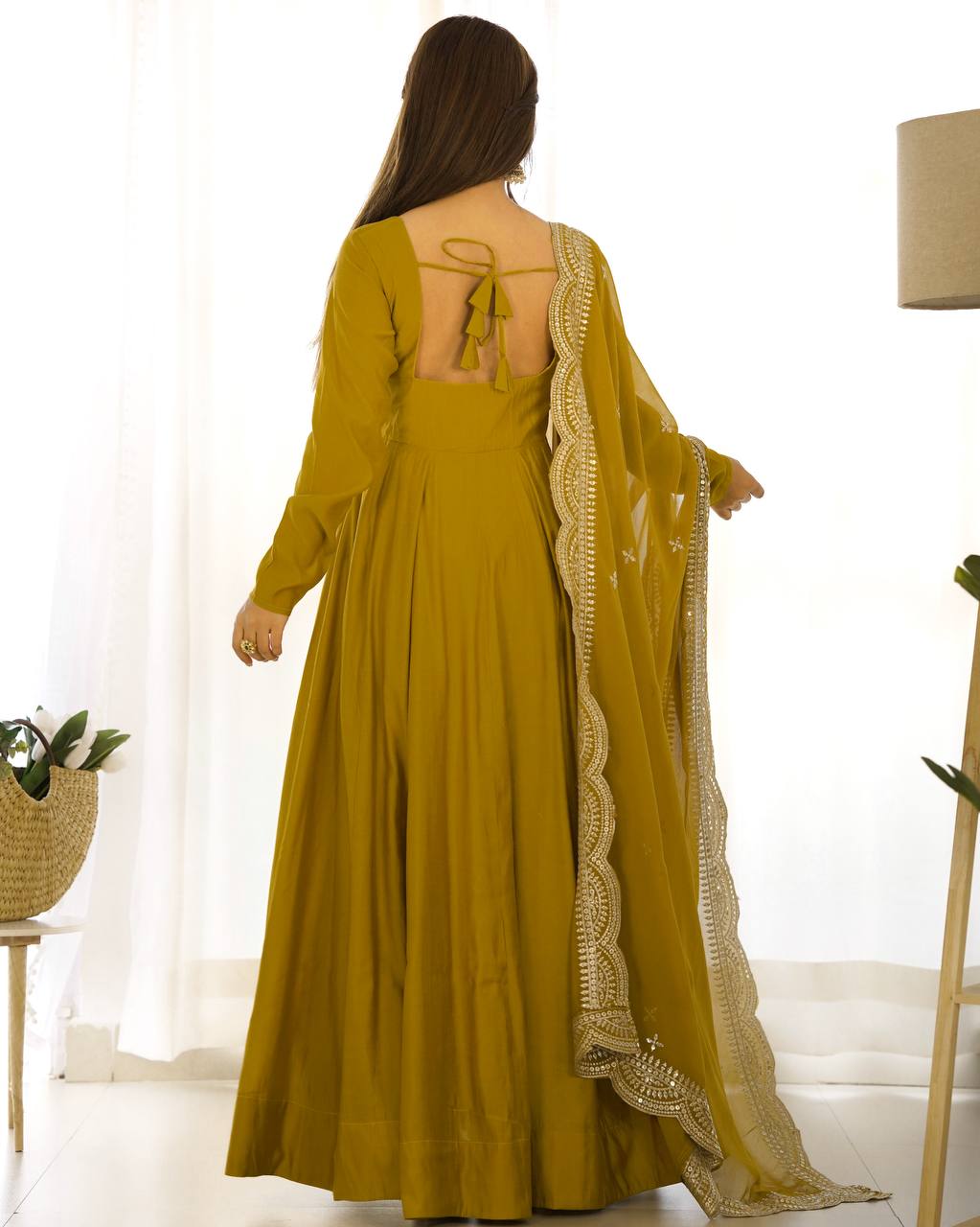 Parrot Green Color Roman Silk Wear Three Piece Anarkali Gown