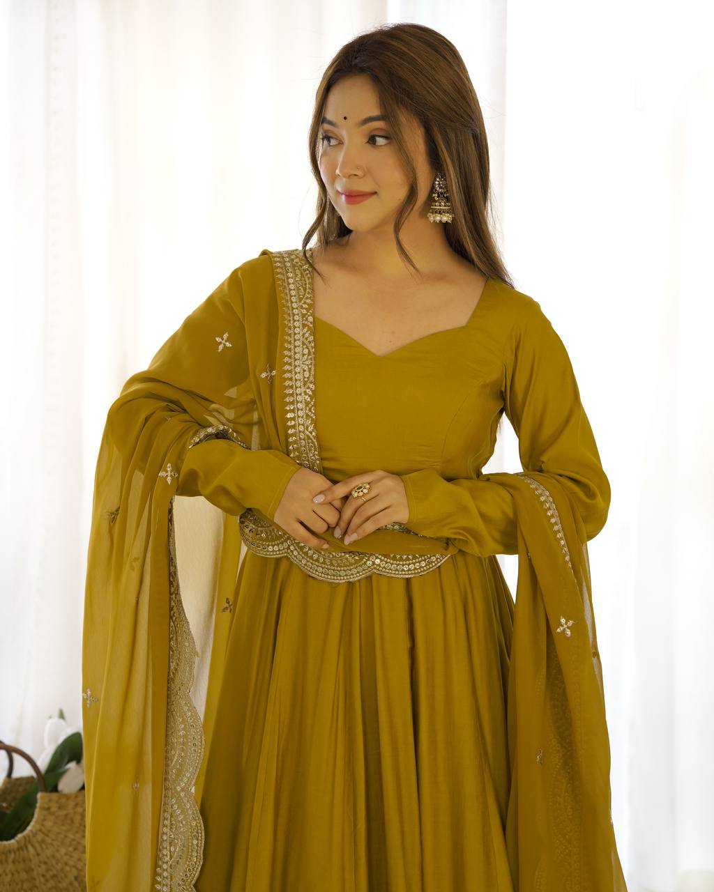 Parrot Green Color Roman Silk Wear Three Piece Anarkali Gown