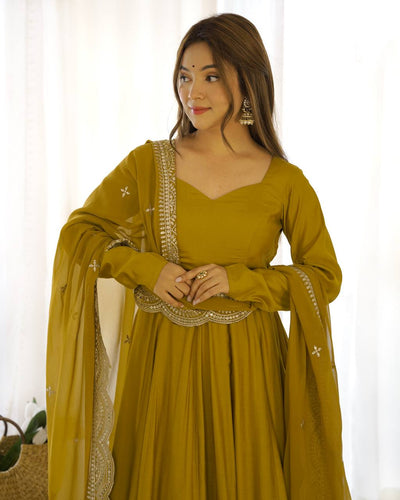 Parrot Green Color Roman Silk Wear Three Piece Anarkali Gown