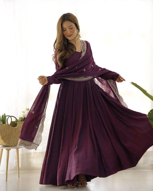 Wine Color Roman Silk With Embroidery Work Gown With Dupatta