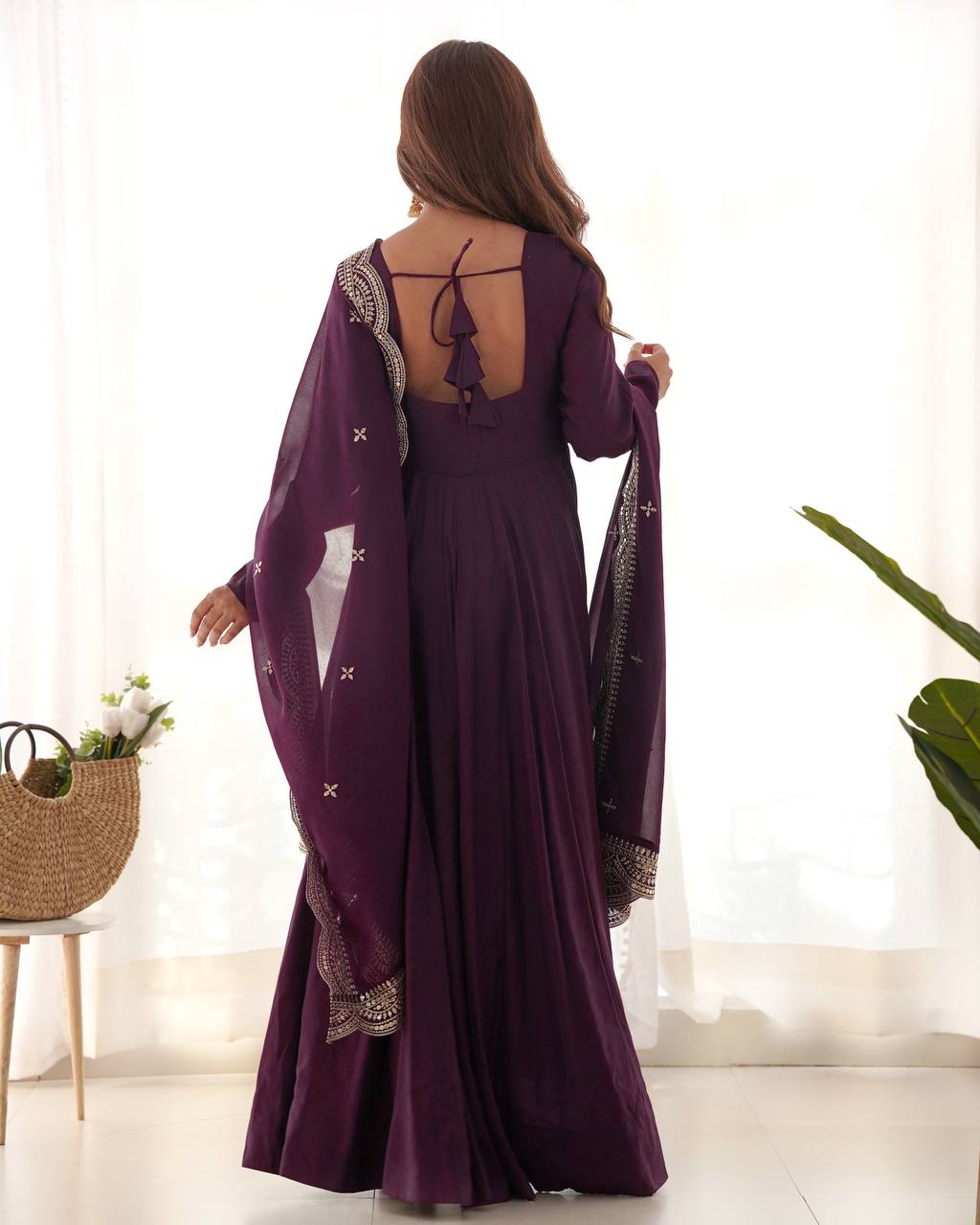 Wine Color Roman Silk With Embroidery Work Gown With Dupatta