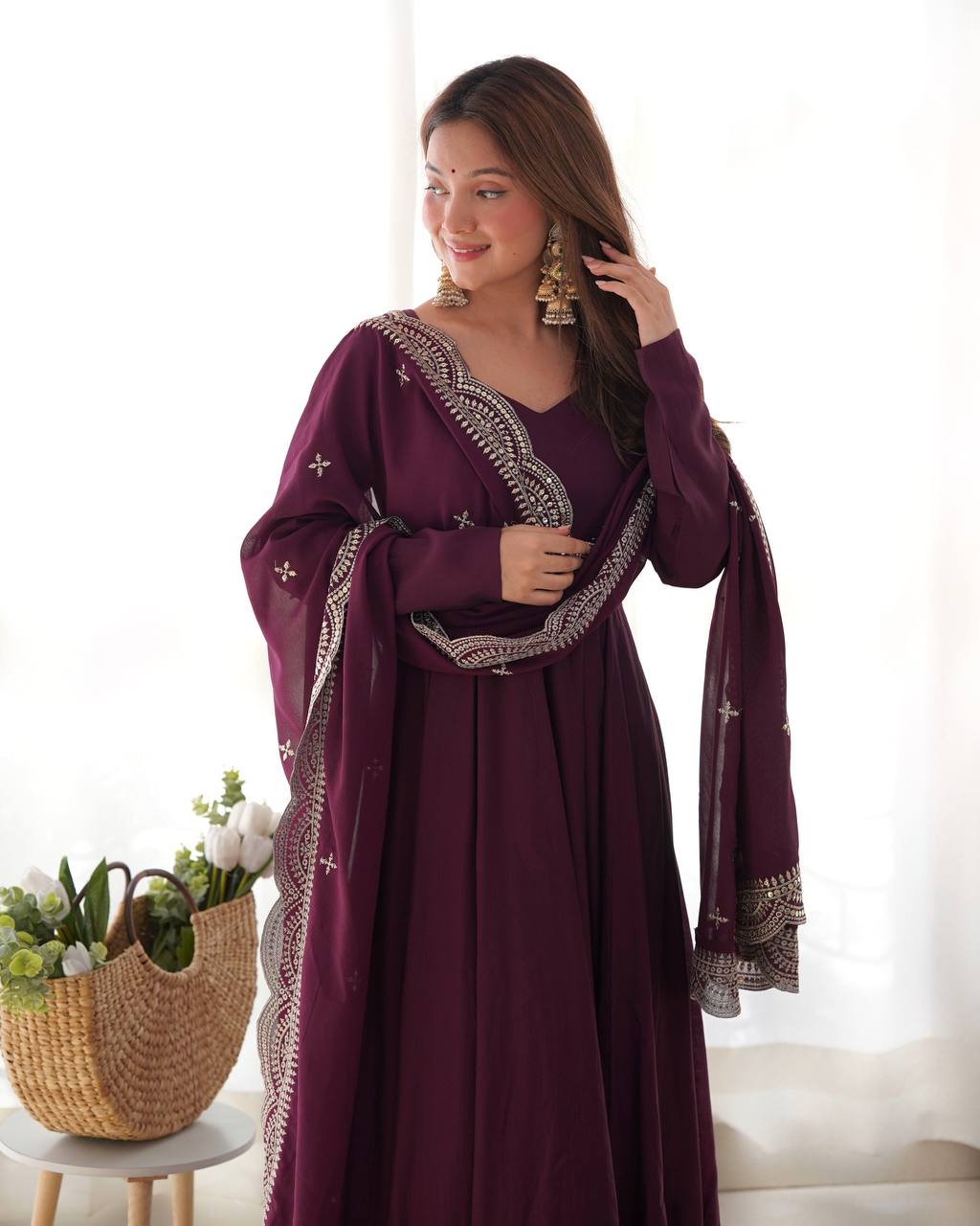Wine Color Roman Silk With Embroidery Work Gown With Dupatta