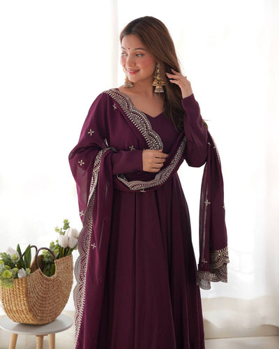 Wine Color Roman Silk With Embroidery Work Gown With Dupatta