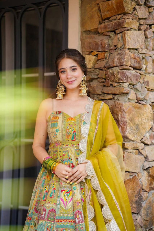 Yellow Color Jimmy Organza Silk Digital Printed Long Gown With Dupatta