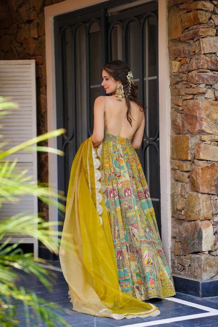 Yellow Color Jimmy Organza Silk Digital Printed Long Gown With Dupatta