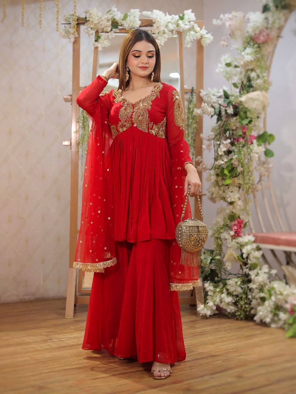 Red Color Heavy Wedding Wear Embroidery Work Top With Plazoo With Dupatta