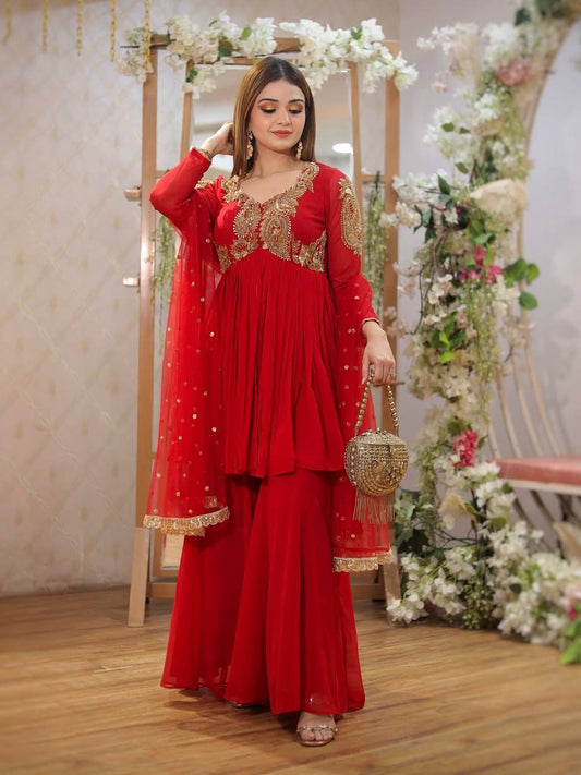 Red Color Heavy Wedding Wear Embroidery Work Top With Plazoo With Dupatta