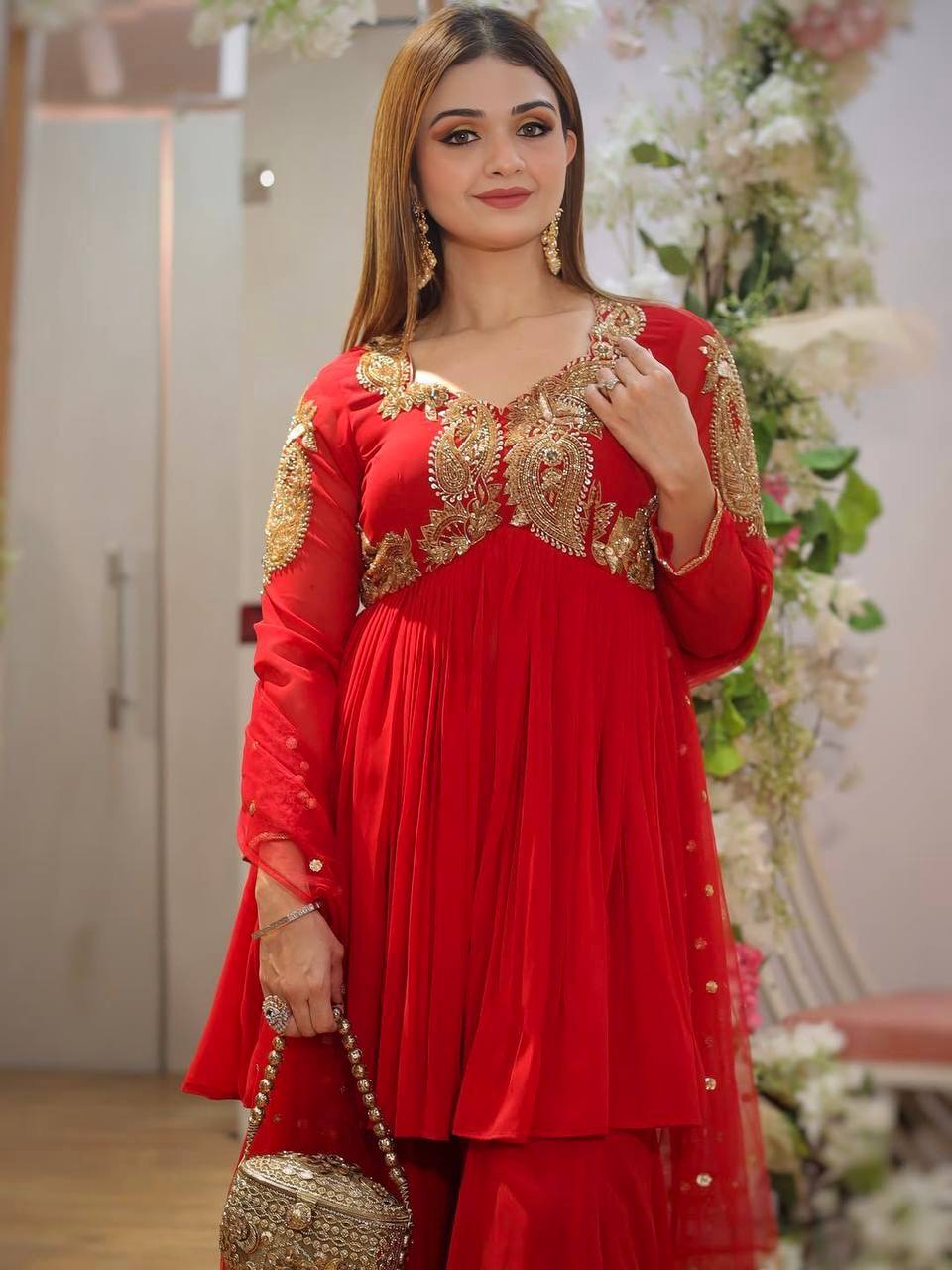Red Color Heavy Wedding Wear Embroidery Work Top With Plazoo With Dupatta