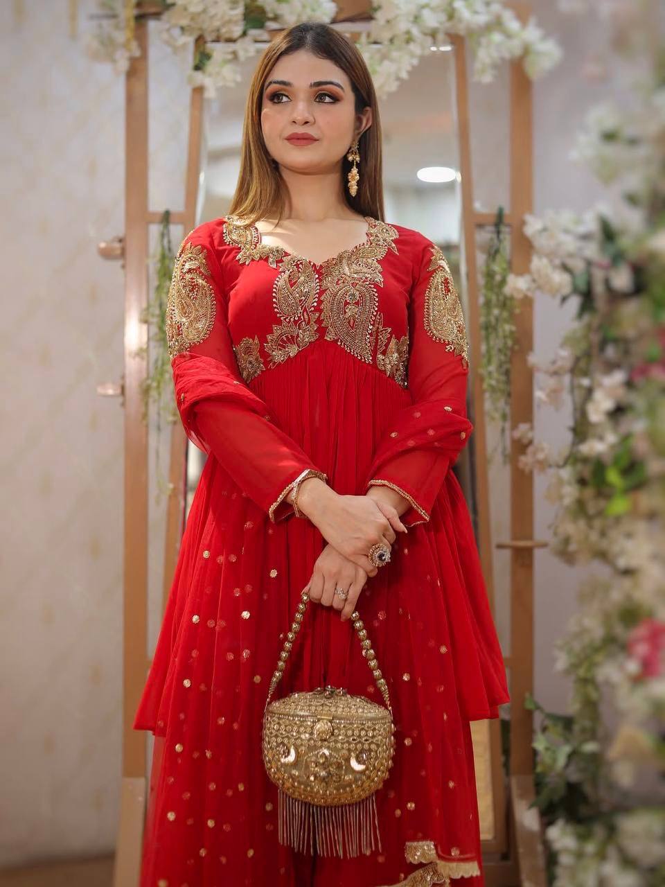 Red Color Heavy Wedding Wear Embroidery Work Top With Plazoo With Dupatta