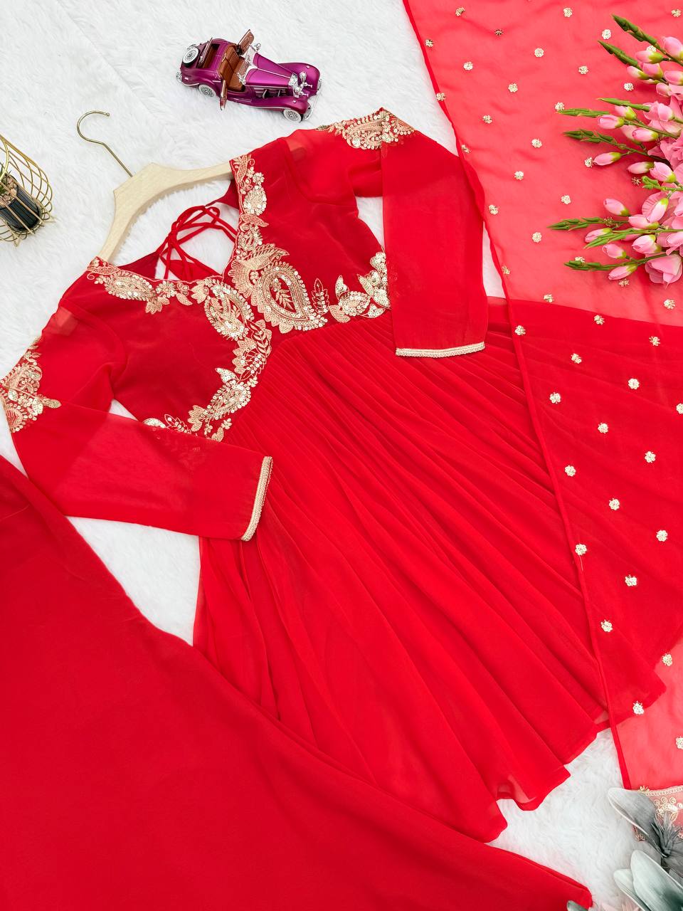 Red Color Heavy Wedding Wear Embroidery Work Top With Plazoo With Dupatta