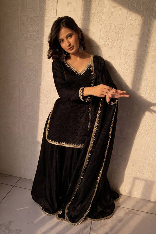 Black Color Function Wear Mirror Work Plazo Suit