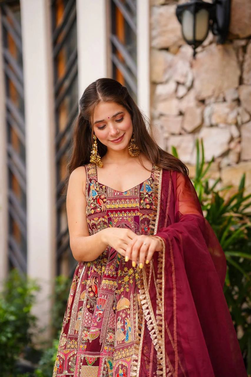 Maroon Color Jimmy Organza Silk Digital Printed Gown With Dupatta
